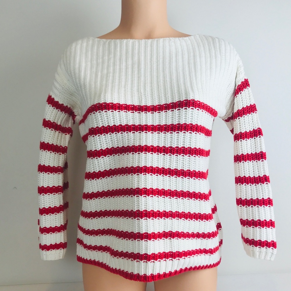 Lands' End Canvas Red and White Striped Boat Neck Sweater
